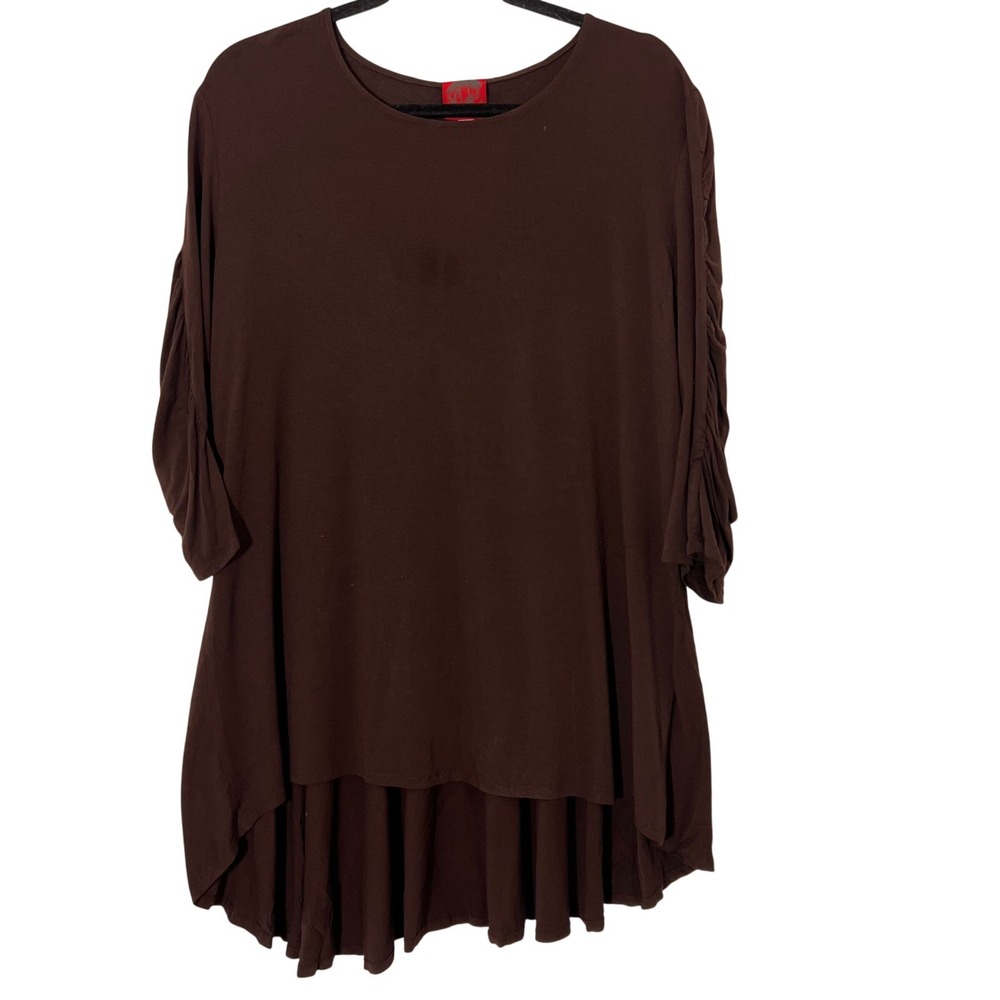 Mieko Tunic Top Women XL Brown Ruched Sleeve High Low Hem Ruffle Back Lagenlook